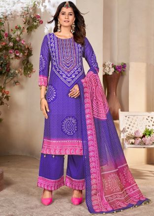 Readymade Purple Bandhani Print Cotton Palazzo Suit