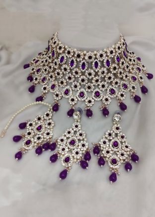 Purple Necklace Set With Mangtikka In Stone Work
