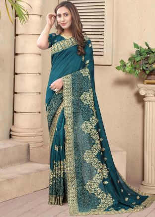 Blue Embroidered Saree In Art Silk