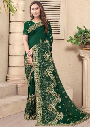 Green Embroidered Saree In Art Silk