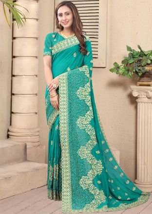 Blue Embroidered Saree In Art Silk