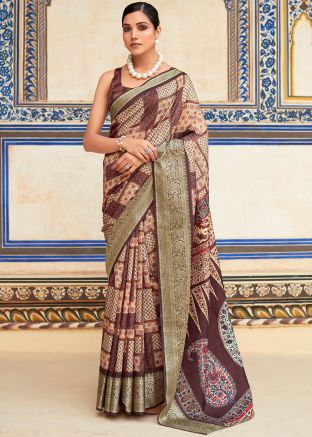 Brown Digital Printed Viscose Saree