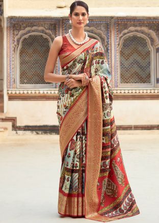 Multicolor Viscose Print Saree & Blouse