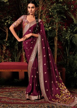 Wine Art Silk Zari Woven Saree