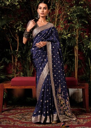 Navy Blue Woven Saree With Blouse