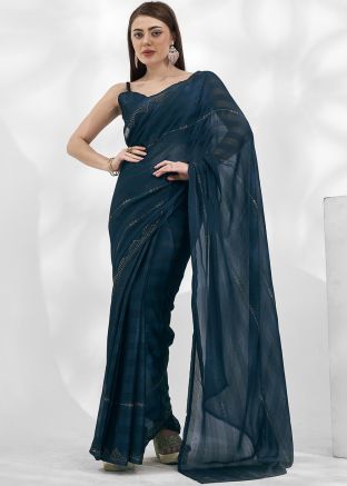 Teal Blue Chiffon Saree In Stone Work