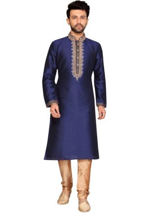 Navy Blue Embroidered Readymade Kurta Churidar Set
