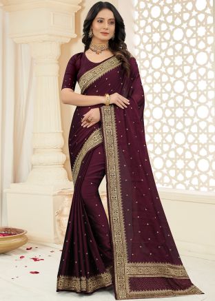 Maroon Zari Embroidered Art Silk Saree