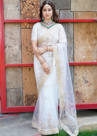 White Embroidered Saree In Net