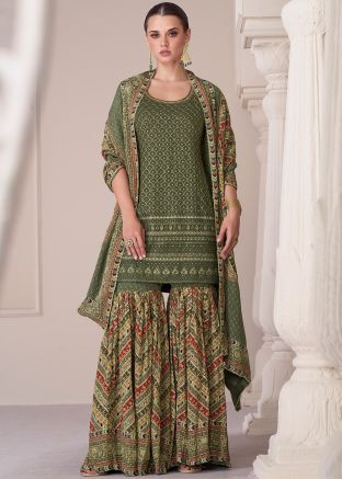 Green Embroidered Readymade Silk Gharara Suit