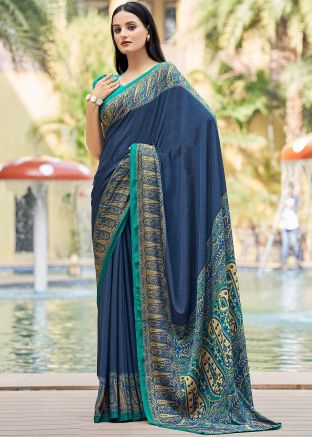Blue Printed Saree In Crape
