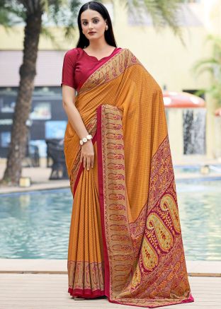 Yellow Printed Saree In Crape
