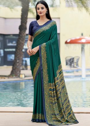 Green Printed Saree In Crape