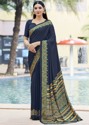 Blue Printed Saree In Crape