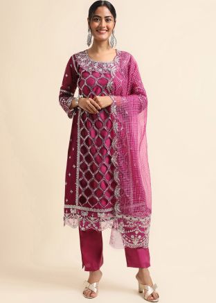 Magenta Embroidered Pant Suit Set