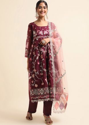 Wine Stone Work Pant Suit Set In Organza