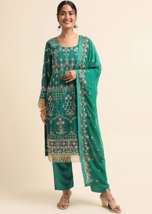 Green Embroidered Pant Suit Set In Georgette