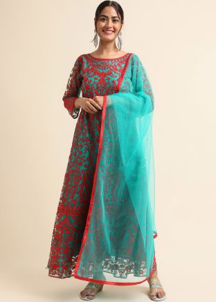 Blue Embroidered Anarkali Suit Set In Net