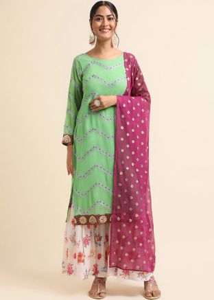 Green Stone Work Sharara Suit Set In Georgette