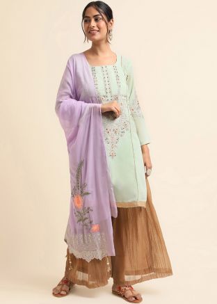 Green Embroidered Palazzo Suit Set In Georgette