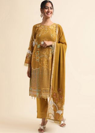 Yellow Stone Work Pant Suit Set In Georgette