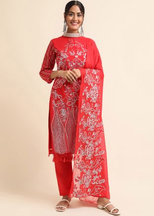 Red Sequins Embellished Pant Suit Set In Georgette
