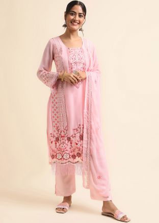 Pink Embroidered Pant Suit Set In Georgette