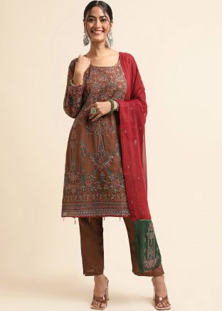 Brown Pant Suit Set In Stone Work