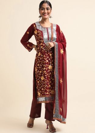 Red Sequins Embellished Pant Suit Set In Georgette