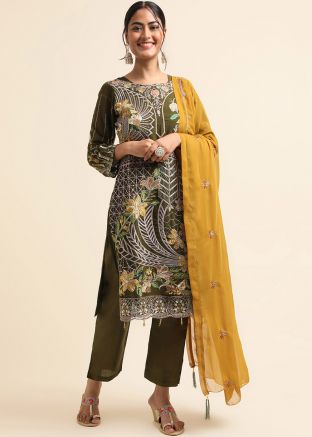 Green Embroidered Pant Suit Set In Georgette