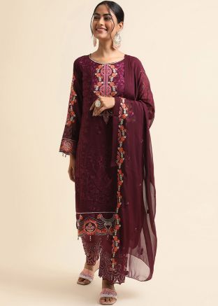 Magenta Stone Work Pant Suit Set