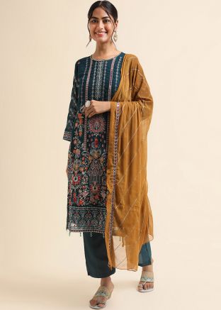 Blue Embroidered Pant Suit Set In Georgette