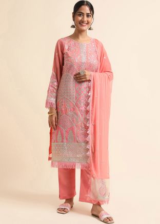 Peach Sequins Embellished Suit Set In Georgette