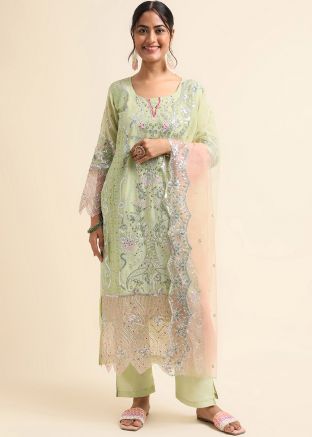 Green Embroidered Pant Suit Set In Georgette