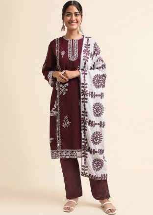 Wine Embroidered Pant Suit Set In Georgette