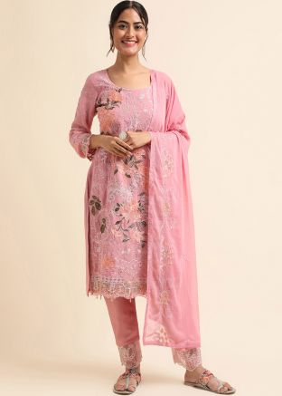 Pink Stone Work Pant Suit Set In Georgette