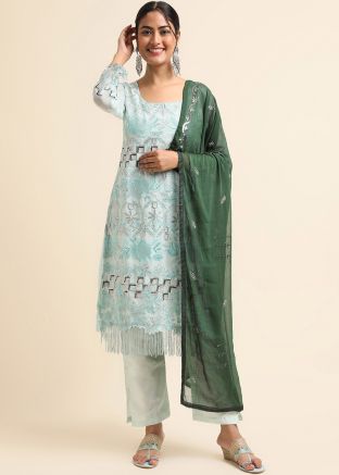 Blue Embroidered Pant Suit Set In Georgette