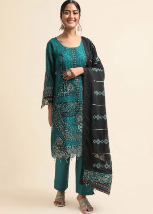 Blue Embroidered Straight Cut Suit Set