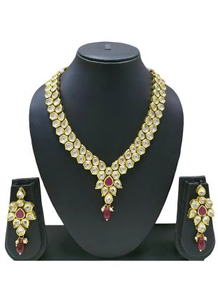 Maroon Alloy Based Kundan Necklace Set