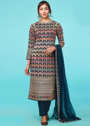 Multicolor Embroidered Pant Suit Set
