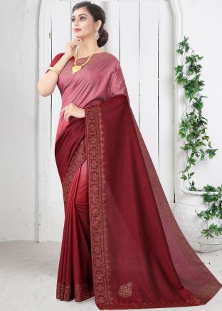 Pink & Maroon Embroidered Saree In Art Silk