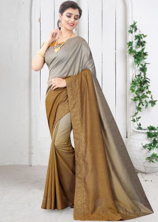 Grey & Yellow Embroidered Saree In Art Silk