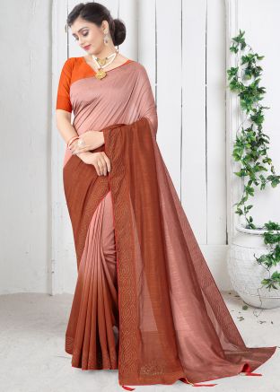 Pink & Orange Embroidered Saree In Art Silk