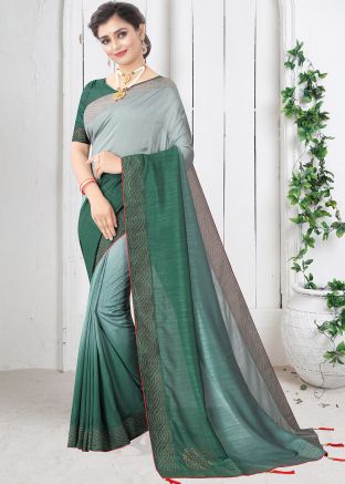 Green & Grey Embroidered Saree In Art Silk