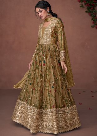 Green Floral Printed Anarkali Suit Set