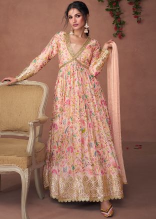 Indian Dresses Online USA: Peach Anarkali salwar Suit Set In Floral Print