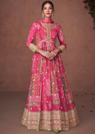 Pink Printed Anarkali Salwar Suit Set In Organza