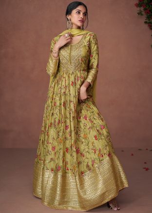 Green Floral Printed Anarkali Suit Set