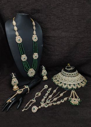 Green & Golden Studded Kundan Bridal Twin Necklace Set