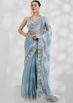 Pastel Blue Embroidered Chiffon Saree
